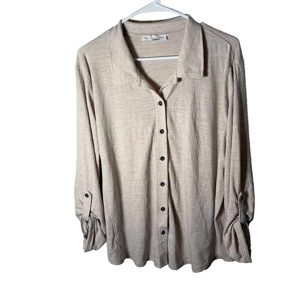 Jane & Delancey Shirt Women's XL Beige Button Up Collared 3/4 Sleeve Casual